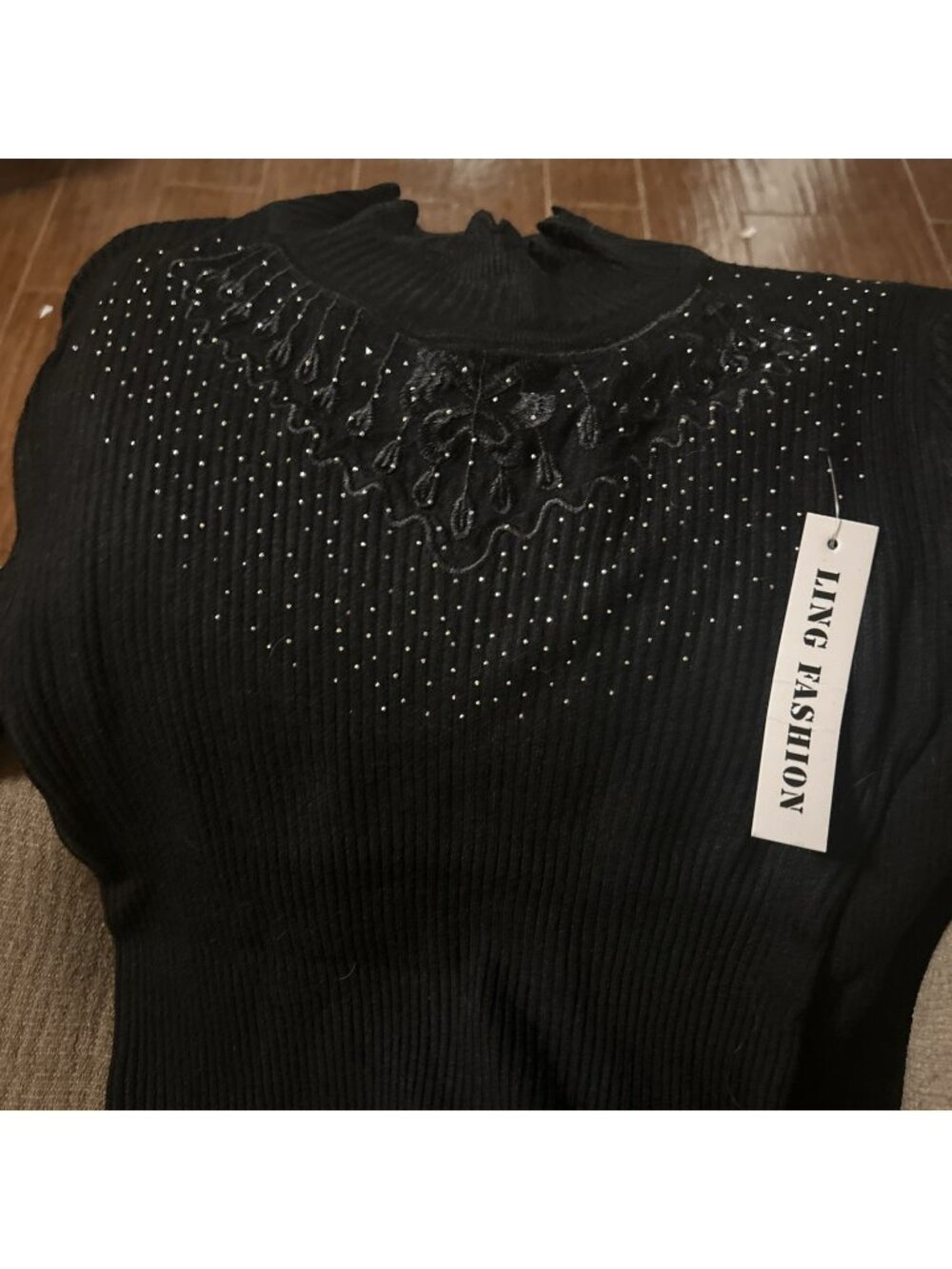 Long Fashion Beautiful Bling Black Sweater With Beads Embroidered Sheer Sz Large